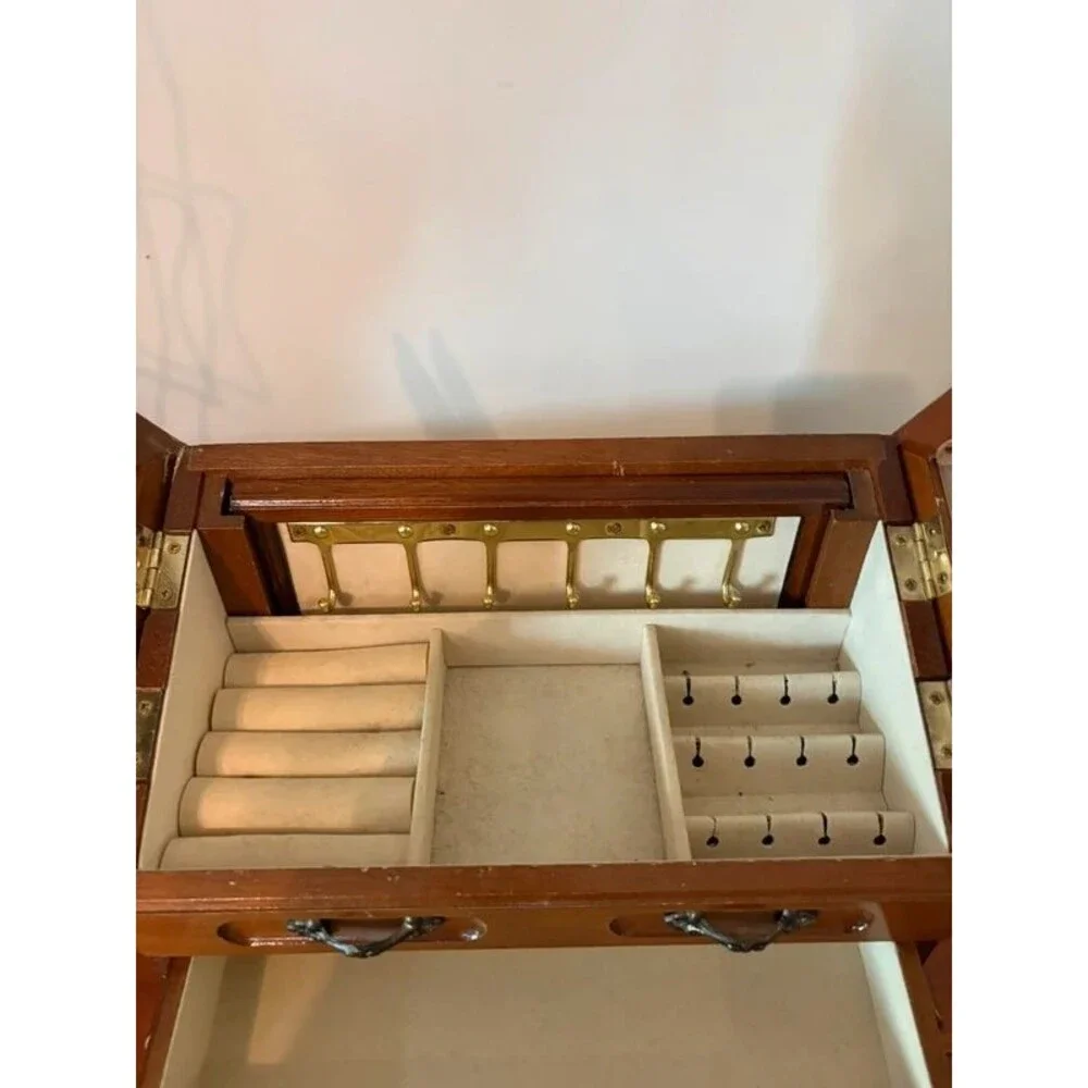Vintage Wood Jewelry Box Double Etched Glass Rose Lids